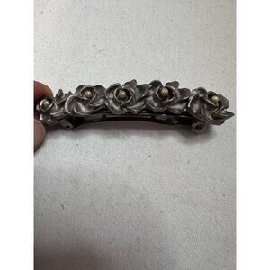 Antique Silver Tone Rose Barrette Faux Pearl Floral Hair Clip 3.5”
